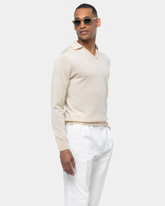 Sand Long Sleeved Buttonless Polo Knitwear in Organic Cotton Mulberry Silk | Filatori