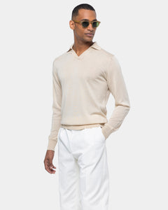 Sand Long Sleeved Buttonless Polo Knitwear in Organic Cotton Mulberry Silk | Filatori