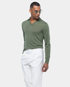 Military green Long Sleeved Buttonless Polo Knitwear in Organic Cotton Mulberry Silk | Filatori