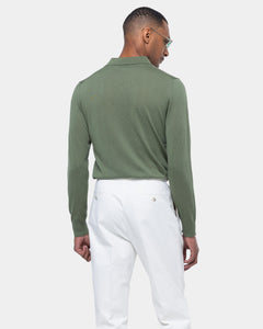 Military green Long Sleeved Buttonless Polo Knitwear in Organic Cotton Mulberry Silk | Filatori