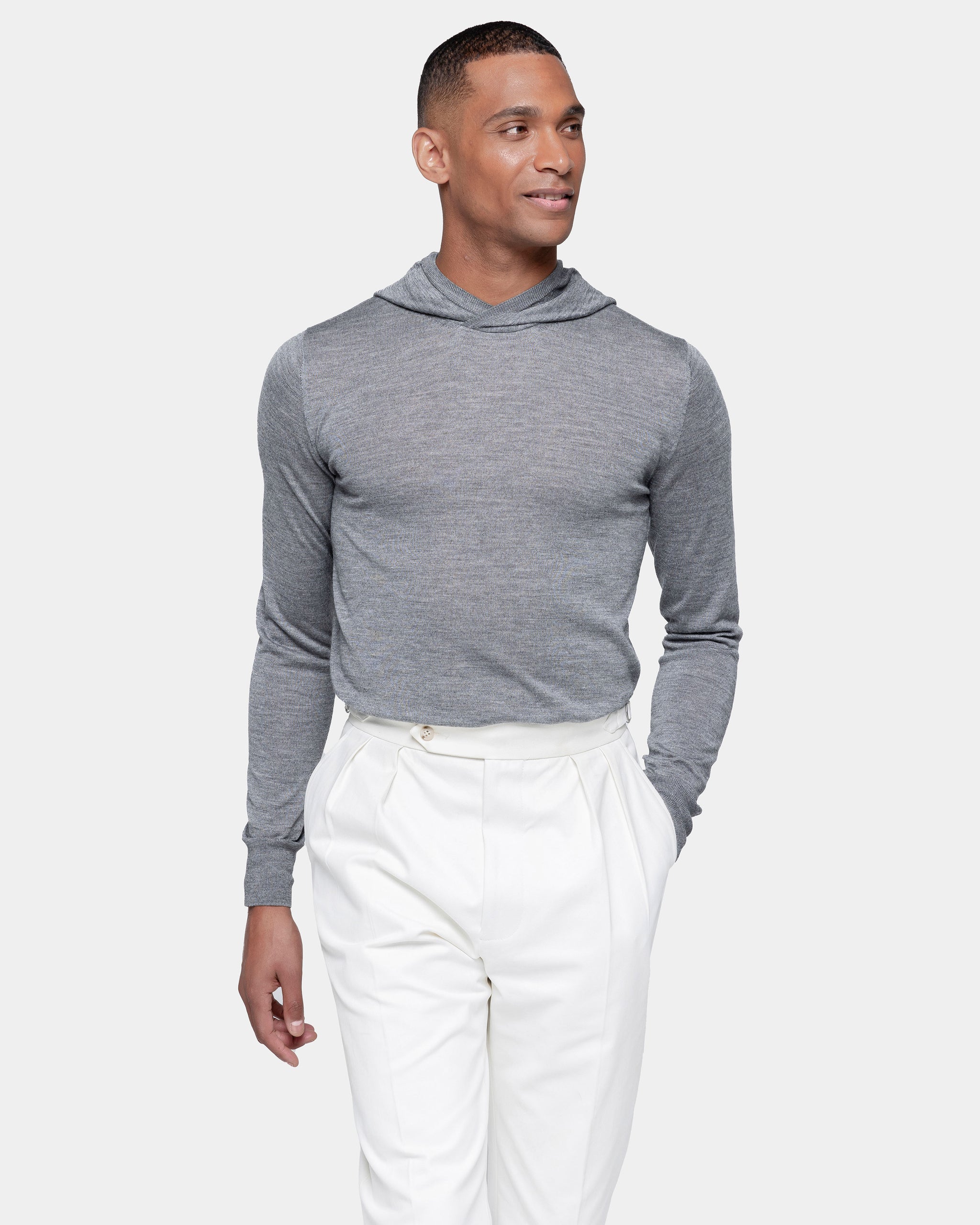 Grey Long Sleeved Hoodie Knitwear in Extrafine Merino Wool and Silk | Filatori