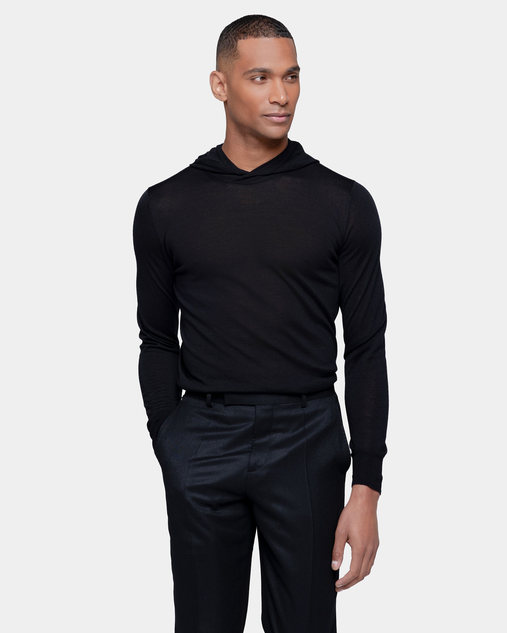 Black Long Sleeved Hoodie Knitwear in Extrafine Merino Wool and Silk | Filatori